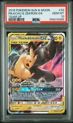 PSA 10 PIKACHU & ZEKROM GX 33 TEAM UP SUN & MOON TAG TEAM POKEMON - Image 1
