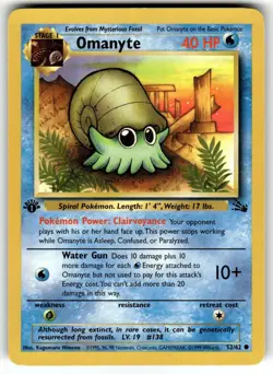 1st Edition Omanyte 52/62 Common Fossil Pokemon MP - Image 1