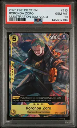 2025 ONE PIECE PROMOS ILLUSTRATION BOX VOL.3 #113 RORONOA ZORO PSA 10 - Image 1