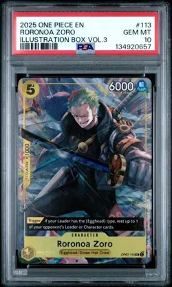 2025 One Piece EN Roronoa Zoro PSA 10 GEM PROMO Ill. Box Vol. 3 #113 Full Art - Image 1