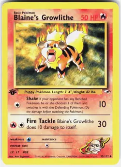 Blaine's Growlithe 35/132 Uncommon Gym Heroes Pokemon 1st Edition NM 01-03-29 - Image 1