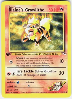 Blaine's Growlithe 35/132 Uncommon Gym Heroes Pokemon 1st Edition NM 01-03-32 - Image 1