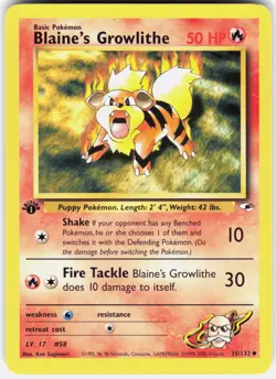 Blaine's Growlithe 35/132 Uncommon Gym Heroes Pokemon 1st Edition NM 01-03-31 - Image 1