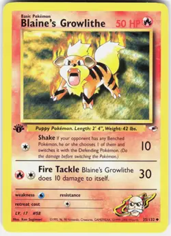 Blaine's Growlithe 35/132 Uncommon Gym Heroes Pokemon 1st Edition NM 01-03-30 - Image 1