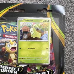 Pokemon TCG: Mega Evolution Perfect Order 3 Booster Packs & Chikorita Promo Card - Image 2