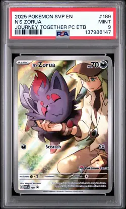 2025 POKEMON JOURNEY TOGETHER POKEMON CENTER ETB PROMO SVP #189 N'S ZORUA PSA 9 - Image 1