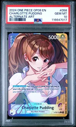 PSA 10 – 2024 ONE PIECE OP08-TWO LEGENDS 058 CHARLOTTE PUDDING ALT ART (English) - Image 1