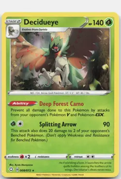 Decidueye 008/072 Holo Rare Shining Fates Pokemon Near Mint - Image 1