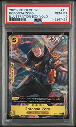 2025 One Piece CCG Roronoa Zoro OP07-113 Illustration Box Vol.3 PSA 10 Promo - Image 1