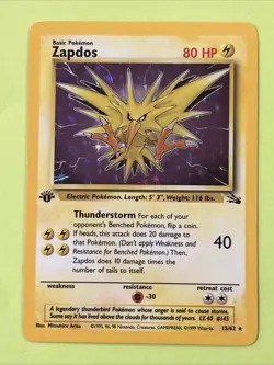 1999 Pokemon TCG Zapdos Fossil Holo Card 15/62 1st Edition Rare - Image 1