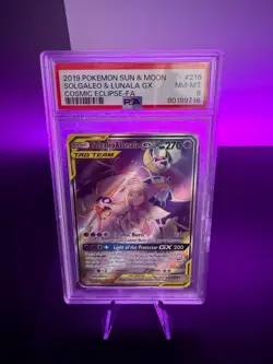 2019 POKEMON SUN & MOON COSMIC ECLIPSE #216 FULL ART/SOLGALEO & LUNALA GX PSA 8 - Image 1