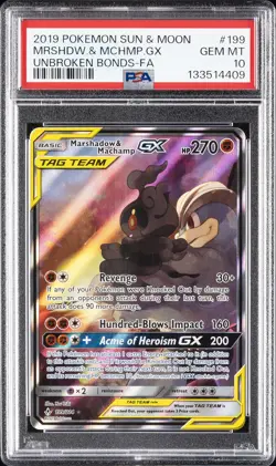 2019 POKEMON SUN & MOON UNBROKEN BONDS FULL ART/MARSHADOW & MACHAMP GX PSA 10 - Image 1