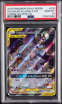2019 POKEMON SUN & MOON COSMIC ECLIPSE #216 FULL ART/SOLGALEO & LUNALA GX PSA 10 - Image 1