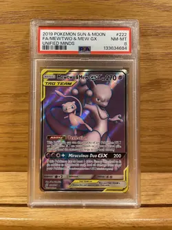 2019 POKEMON SUN & MOON UNIFIED MINDS #222 FULL ART/MEWTWO & MEW GX PSA 8 - Image 1