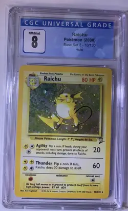 CGC 8 BASE SET 2 Raichu HOLO! NM-MINT! 2000 Pokemon TCG Base Set 2 #16/130 Swirl - Image 1
