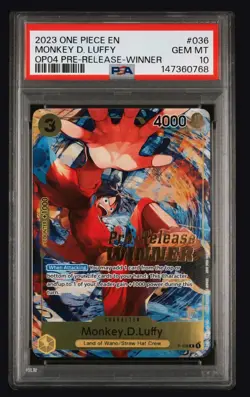 2023 One Piece EN OP04 Pre-release Winner #036 Monkey D. Luffy PSA 10 GEM MINT - Image 1