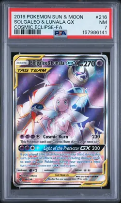 2019 POKEMON SUN & MOON COSMIC ECLIPSE #216 FULL ART/SOLGALEO & LUNALA GX PSA 7 - Image 1