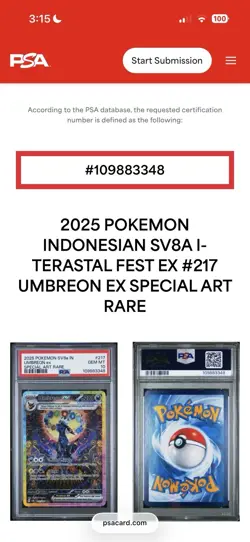 Pokemon PSA 10 Umbreon ex 217/187 SV8a Terastal Festival Special Art Rare IN - Image 3