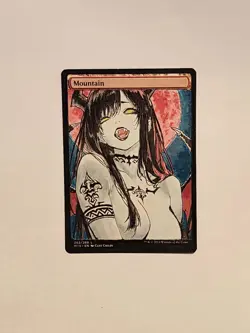 Hand Painted Altered Art Mtg land card Anime girl mountain succubus - Image 1