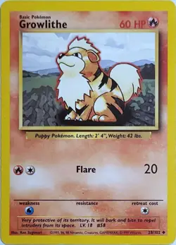 Growlithe 28/102 Uncommon Base Set Unlimited Pokemon Moderately Played - Image 1