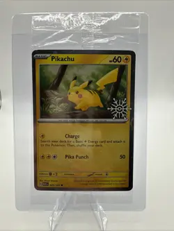 Pikachu 025/165 Holo Pokemon Card Holiday Snowflake Stamp Sealed - Image 1
