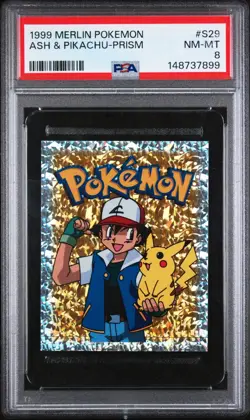 PSA 8 NM/MT 1999 MERLIN POKEMON S29 ASH & PIKACHU-PRISM - Image 1