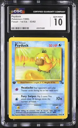 CGC 10 GEM MINT Psyduck 1999 Fossil 1st Edition 53/62 Pokemon Card - Image 1