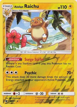 Alolan Raichu - Pokemon Reverse Holo Rare 2017 Crimson Invasion 31/111 NM - Image 1