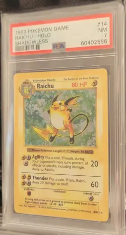PSA 7 Raichu 14/102 Shadowless Base Set Holo Foil 1999 Pokemon Card Vintage - Image 1
