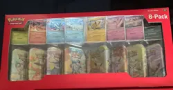 Pokemon Prismatic Evolutions 8 Mini-Tins w Promo Cards Costco In Hand - Image 1