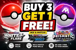 Buy 3 Get 1 Free Pokemon Cards – Poke Ball Master Ball Mix White Flare Prismatic - Image 1