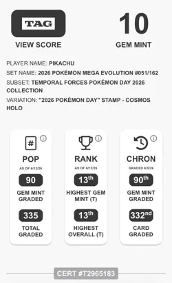 Pikachu Pokemon Day Stamp #051/162 Promo Cosmo Holo Card Gem Mint 10 💎 - Image 3