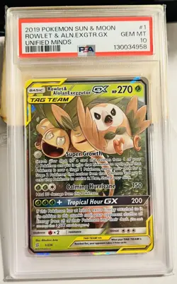 2019 POKEMON SUN & MOON UNIFIED MINDS #1 ROWLET & ALOLAN EXEGGUTOR GX PSA 10 - Image 1