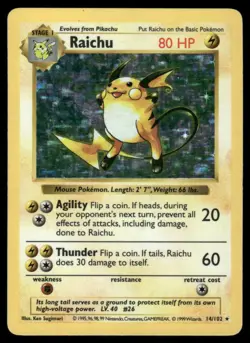 Pokemon Cards Raichu 14/102 Unlimited Holo Base Set Shadowless WOTC Rare MP - Image 1
