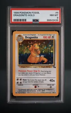 1999 POKEMON FOSSIL #4 DRAGONITE - HOLO PSA 8 - Vintage WOTC - Image 1