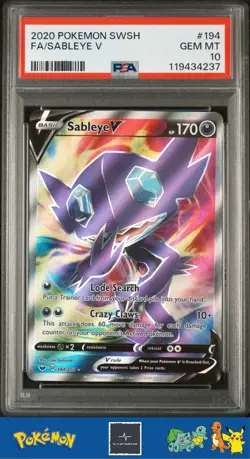 2020 Pokemon SWSH Sword & Shield Base Set 194/202 Sableye V PSA 10 - Image 1