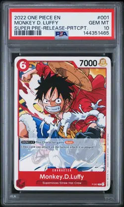 One Piece Monkey D. Luffy Super Pre-Release Participant P-001 Promo PSA 10 - Image 1
