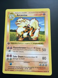 Arcanine Pokemon Base Set 1st Edition Shadowless 23/102 NM - Image 1