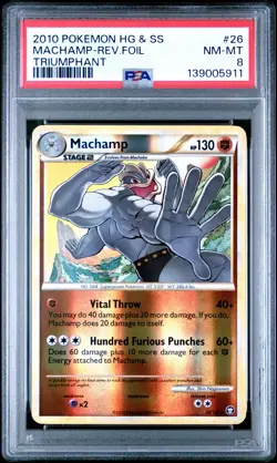 2010 POKEMON HEARTGOLD & SOULSILVER TRIUMPHANT #26 MACHAMP-REVERSE FOIL PSA 8 - Image 1