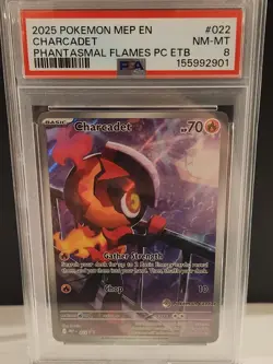 2025 POKEMON PHANTASMAL FLAMES POKEMON CENTER ETB PROMO #022 CHARCADET PSA 8 - Image 1