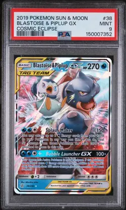 2019 Pokemon Sun & Moon Blastoise & Piplup GX Cosmic Eclipse #38 PSA 9 MINT - Image 1