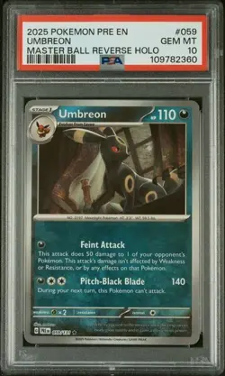 2025 POKEMON PRISMATIC EVOLUTIONS UMBREON MASTER BALL REVERSE HOLO #059 PSA 10 - Image 1