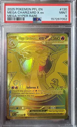 2025 Pokemon Phantasmal Flames Card 130/094 Mega Charizard EX Gold Graded PSA 9 - Image 1