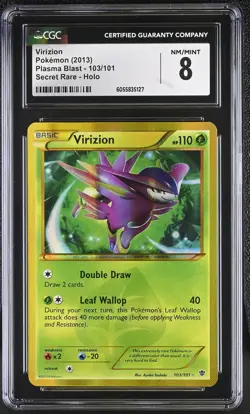 CGC 8 Virizion 2013 Plasma Blast 103/101 Secret Rare Holo Pokemon Card - Image 1