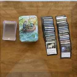 Magic The Gathering Mtg Empty Bloomburrow Tin With Misc Cards, 4 Card Protectors - Image 1