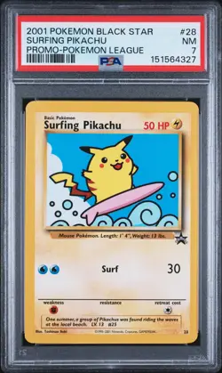 2001 Pokemon Promo Black Star #28 Surfing Pikachu Promo-Pokemon League PSA 7 - Image 1