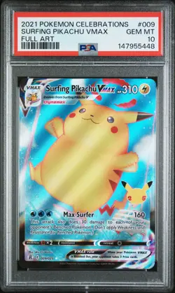 2021 POKEMON CELEBRATIONS #009 FULL ART/SURFING PIKACHU VMAX PSA 10 GEM MINT - Image 1