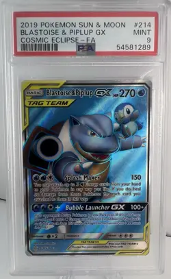 BLASTOISE AND PIPLUP GX #214/236 2019 Pokemon Cosmic Eclipse PSA 9 Full Art - Image 1