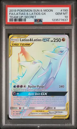 2019 POKEMON SUN & MOON TEAM UP SECRET #190 FULL ART/LATIAS & LATIOS GX PSA 10 - Image 1