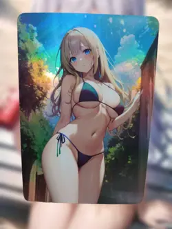 Beach Blonde Swimsuit Anime Waifu Sexy Goddess Doujin Card - Image 1